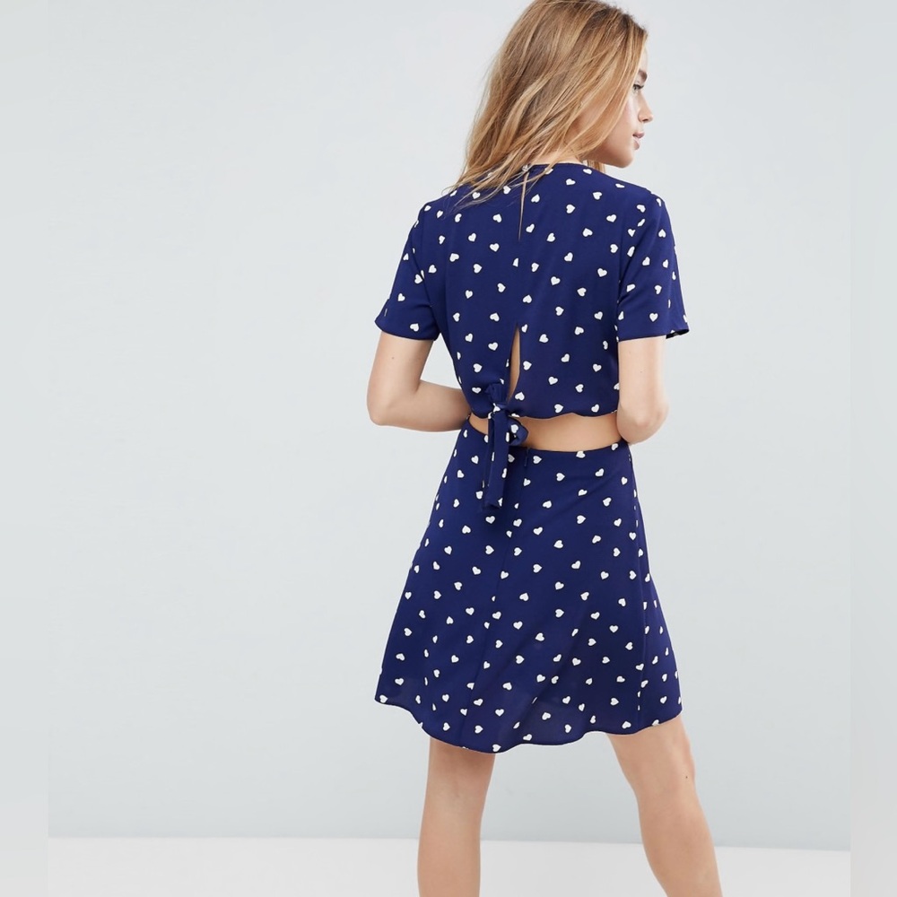 ASOS Navy Heart Pattern Open Back Mini Tea Dress - Size 6 - Picture 15 of 16